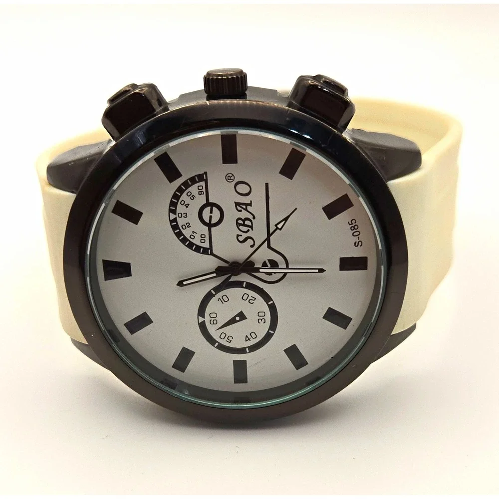 SBAO S-085 Analog Quartz 52mm Watch W/White Dial, White Rubber Strap, Black Case